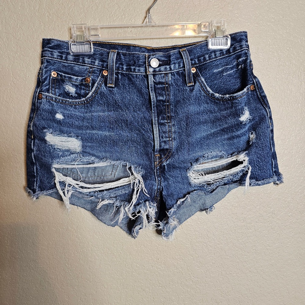 Levis 501 Button fly Original High Rise Distressed Denim Shorts Wash Blue 29